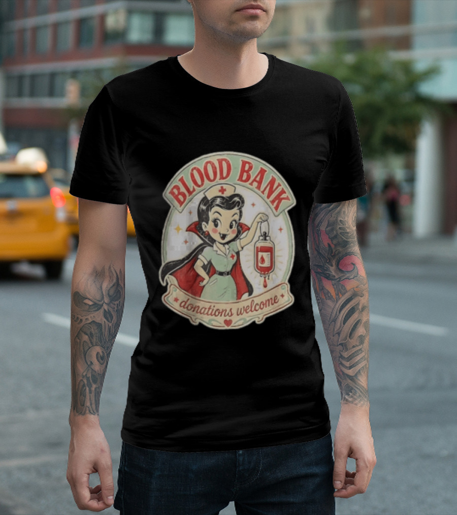 Blood Bank Donations Welcome Vampire Nurse Retro Cartoon T-Shirt