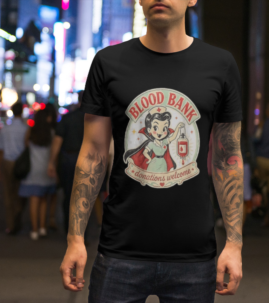 Blood Bank Donations Welcome Vampire Nurse Retro Cartoon T-Shirt