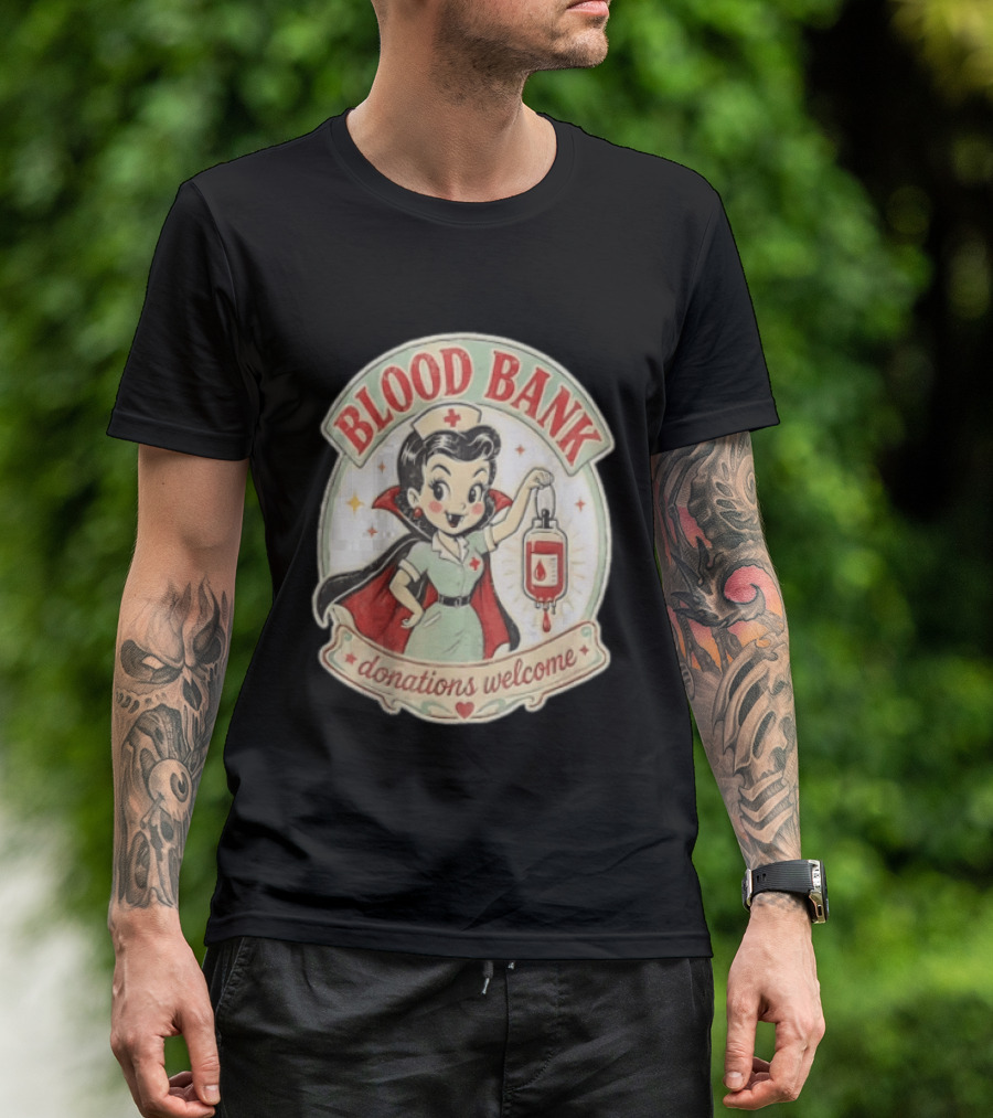 Blood Bank Donations Welcome Vampire Nurse Retro Cartoon T-Shirt