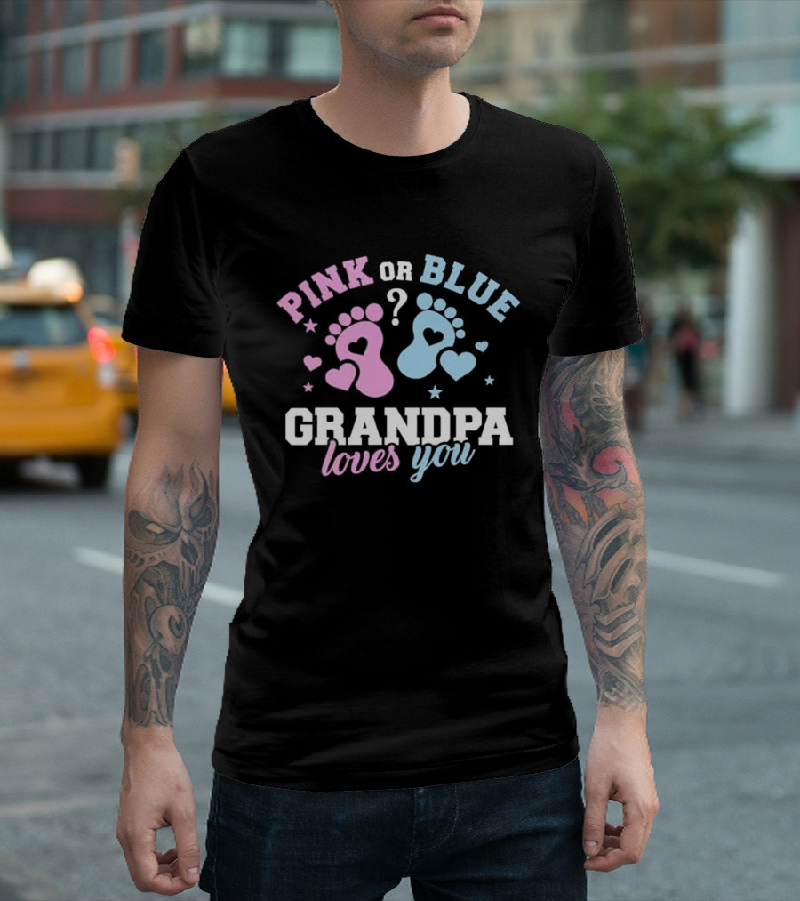 Pink Or Blue Grandpa Loves You Heart Footprints Gender Reveal T-Shirt