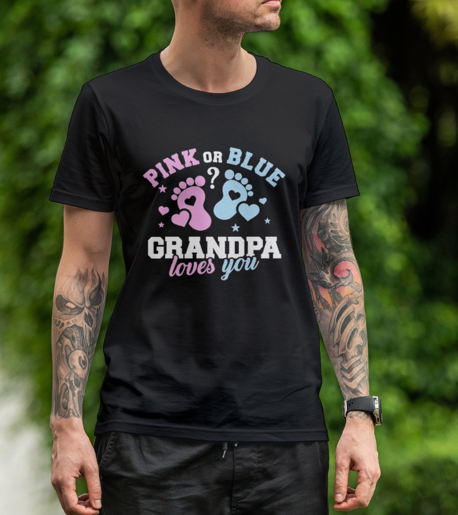 Pink Or Blue Grandpa Loves You Heart Footprints Gender Reveal T-Shirt