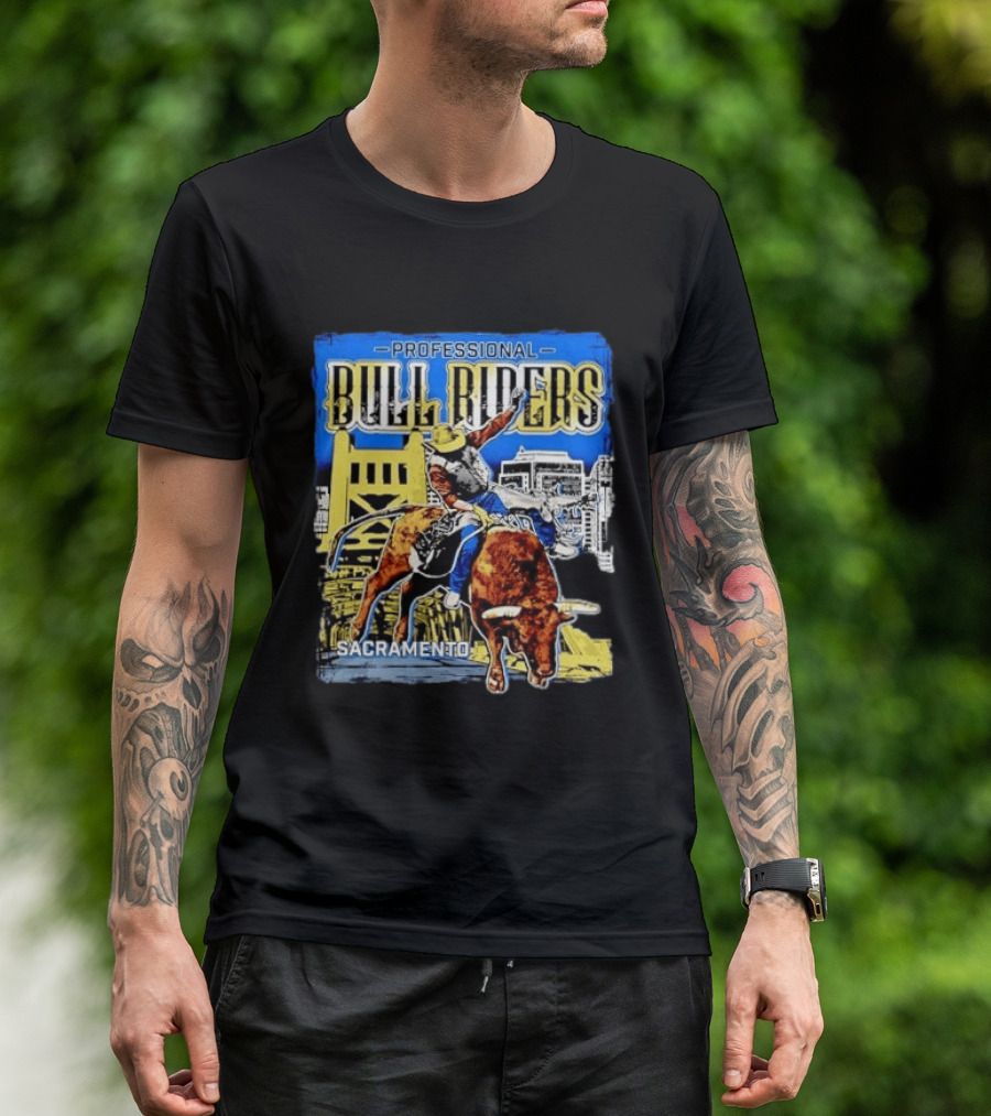 Professional Bull Riders Sacramento Cowboy Riding Bull Cityscape T-Shirt