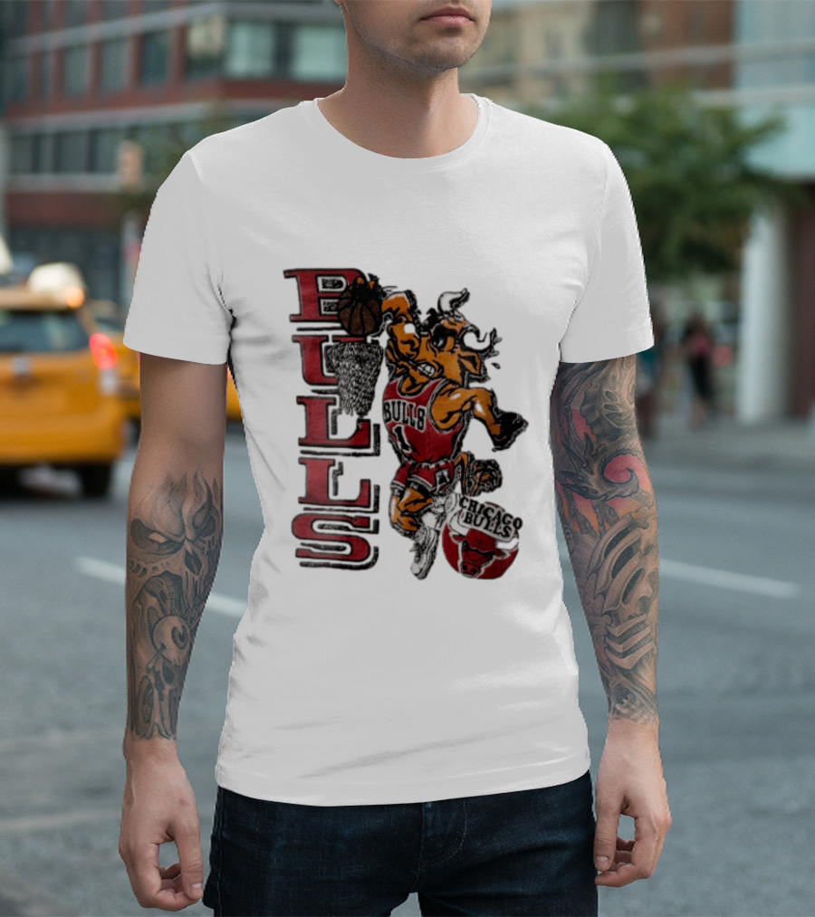 Chicago Bulls Bull Dunking Basketball Hoop NBA Cartoon Caricature T-Shirt