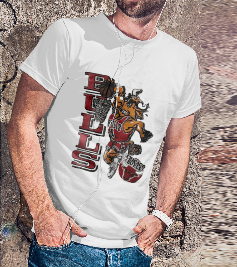 Chicago Bulls Bull Dunking Basketball Hoop NBA Cartoon Caricature T-Shirt
