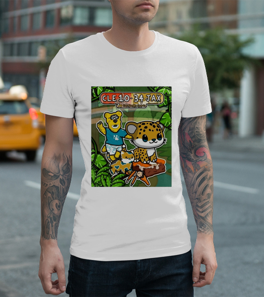 CornDoggy Sports CLE 10 34 JAX Cleveland Browns Vs Jacksonville Jaguars Cartoon Animals T-Shirt