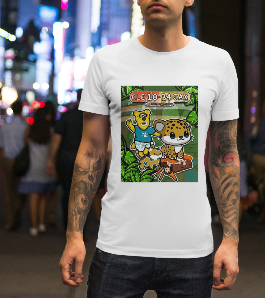 CornDoggy Sports CLE 10 34 JAX Cleveland Browns Vs Jacksonville Jaguars Cartoon Animals T-Shirt