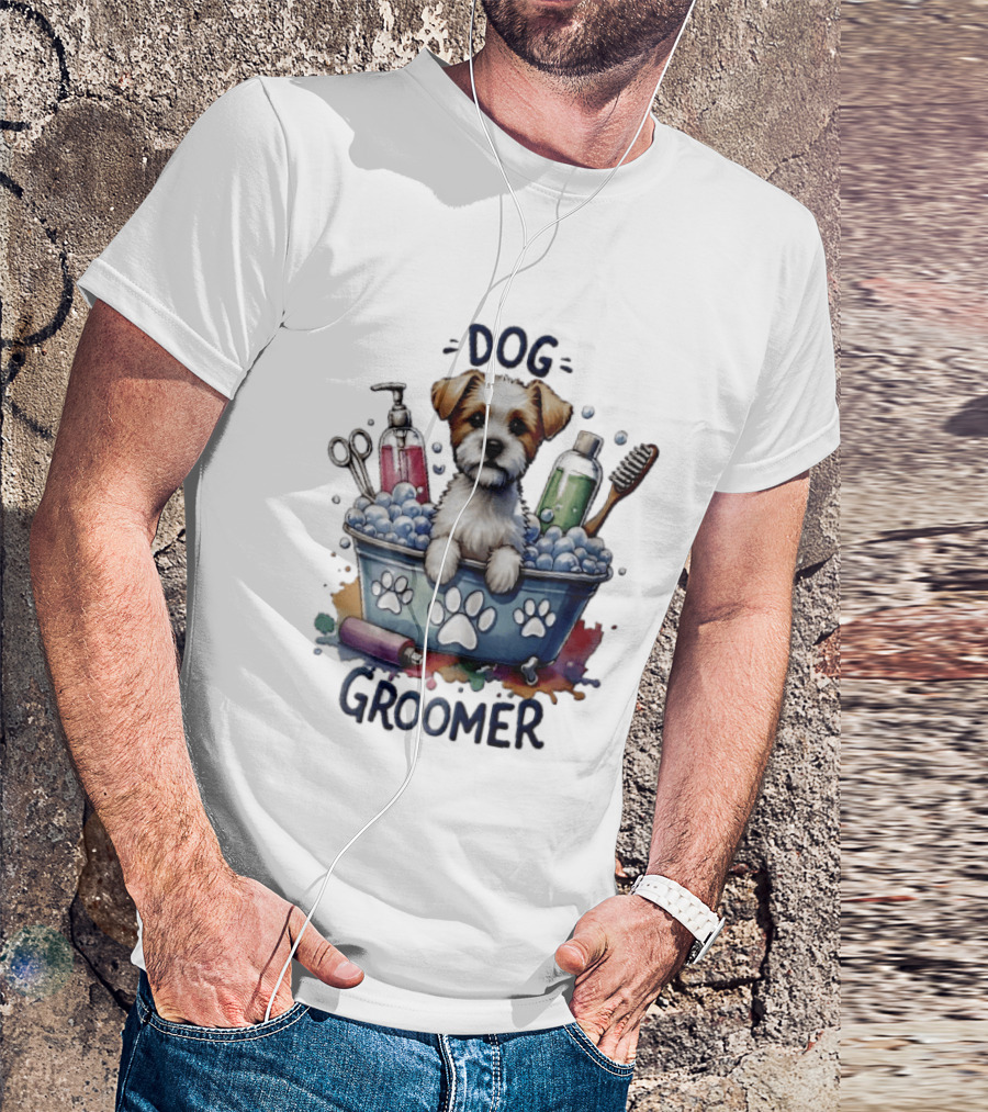 Dog Groomer Puppy Bath Tub Soap Scissors Brush Watercolor T-Shirt