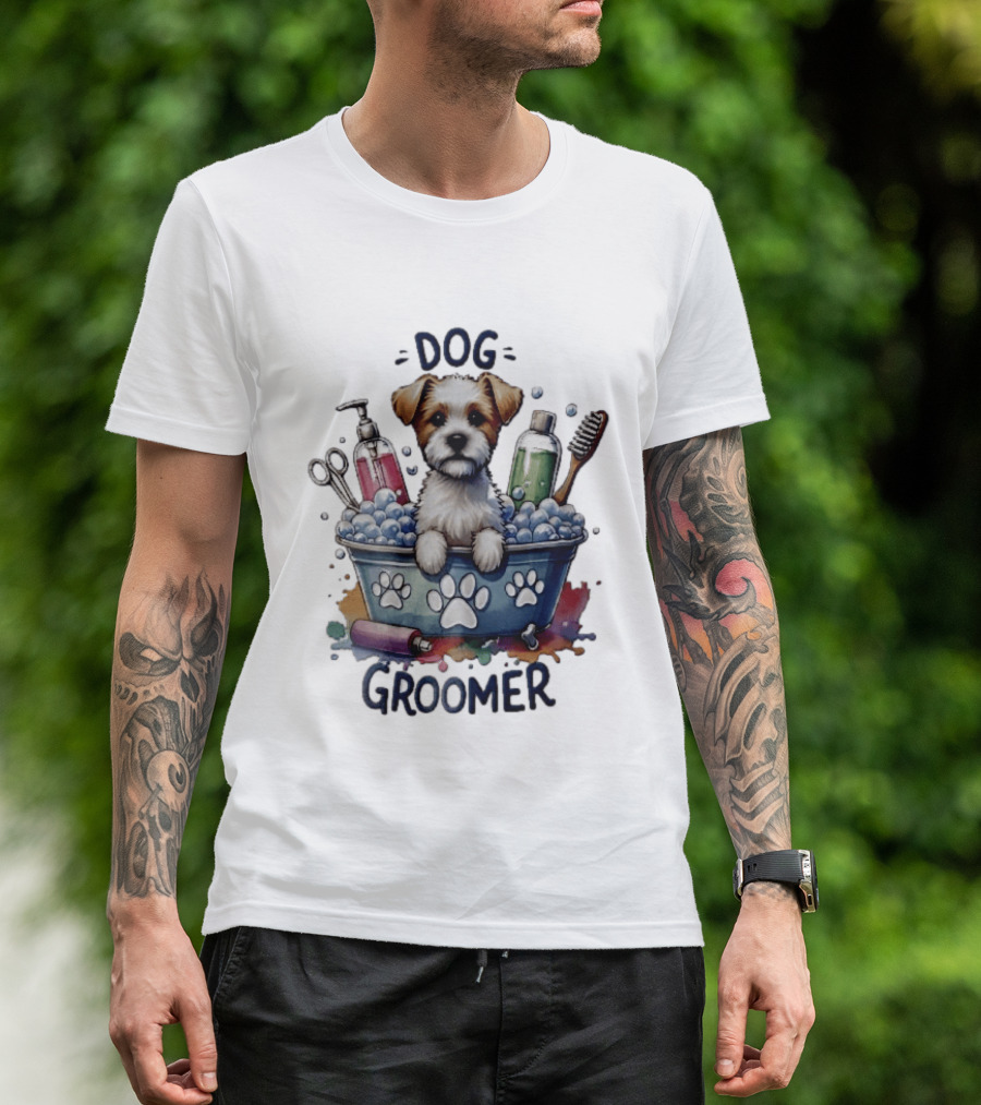 Dog Groomer Puppy Bath Tub Soap Scissors Brush Watercolor T-Shirt