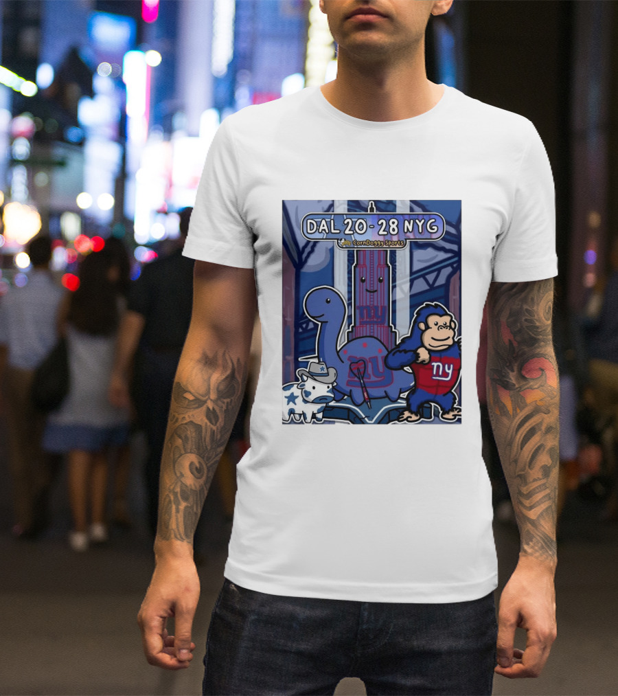 CornDoggy Sports DAL 20 28 NYG Dallas Cowboys New York Giants Cartoon Characters T-Shirt