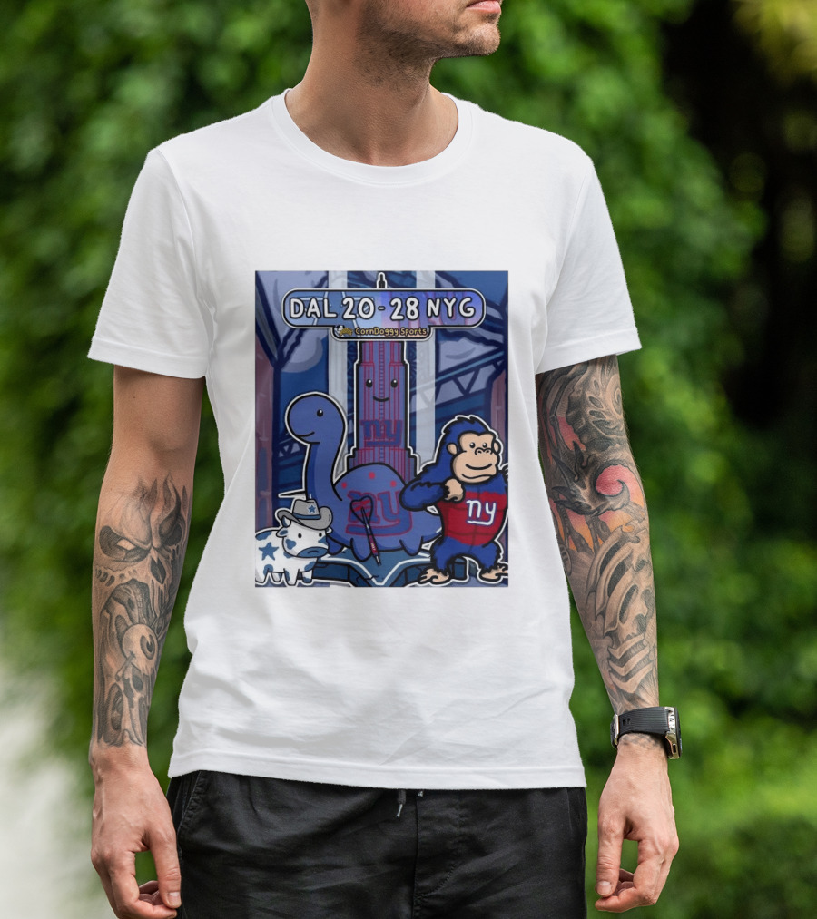 CornDoggy Sports DAL 20 28 NYG Dallas Cowboys New York Giants Cartoon Characters T-Shirt