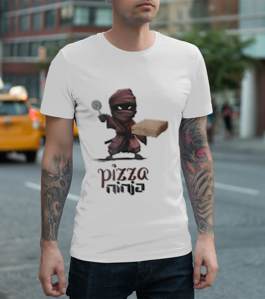 Pizza Ninja Red Masked Cartoon Figure Holding Cardboard Box T-Shirt