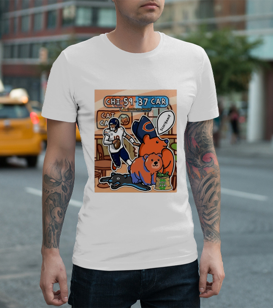 CHI 59 37 CAR CornDoggy Sports Chicago Bears Vs Carolina Panthers Scorigami Cat Café $150 Grand T-Shirt