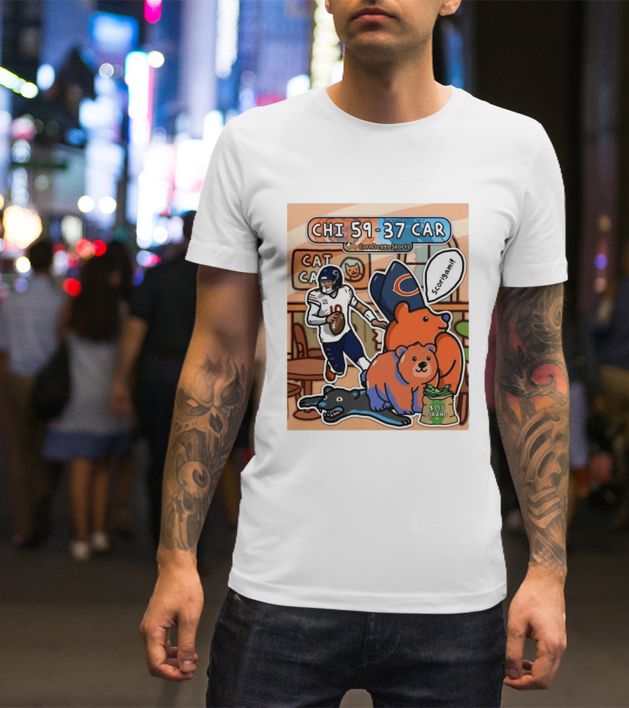 CHI 59 37 CAR CornDoggy Sports Chicago Bears Vs Carolina Panthers Scorigami Cat Café $150 Grand T-Shirt