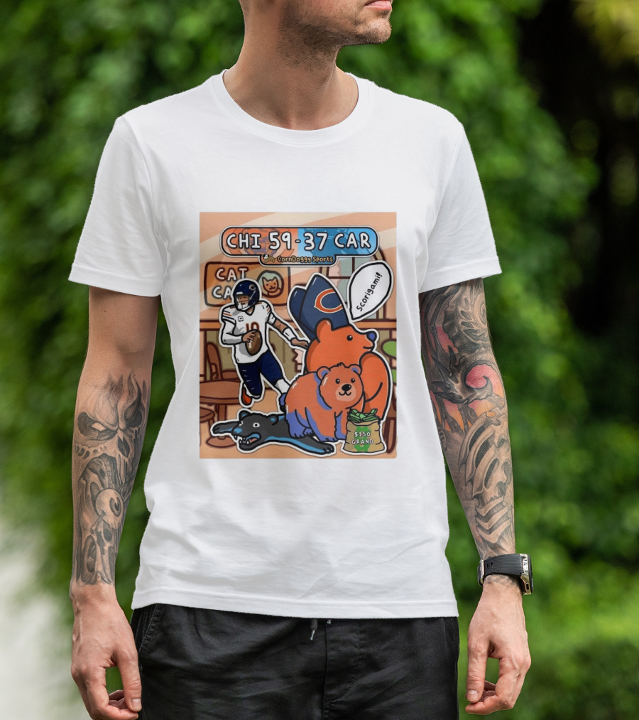 CHI 59 37 CAR CornDoggy Sports Chicago Bears Vs Carolina Panthers Scorigami Cat Café $150 Grand T-Shirt