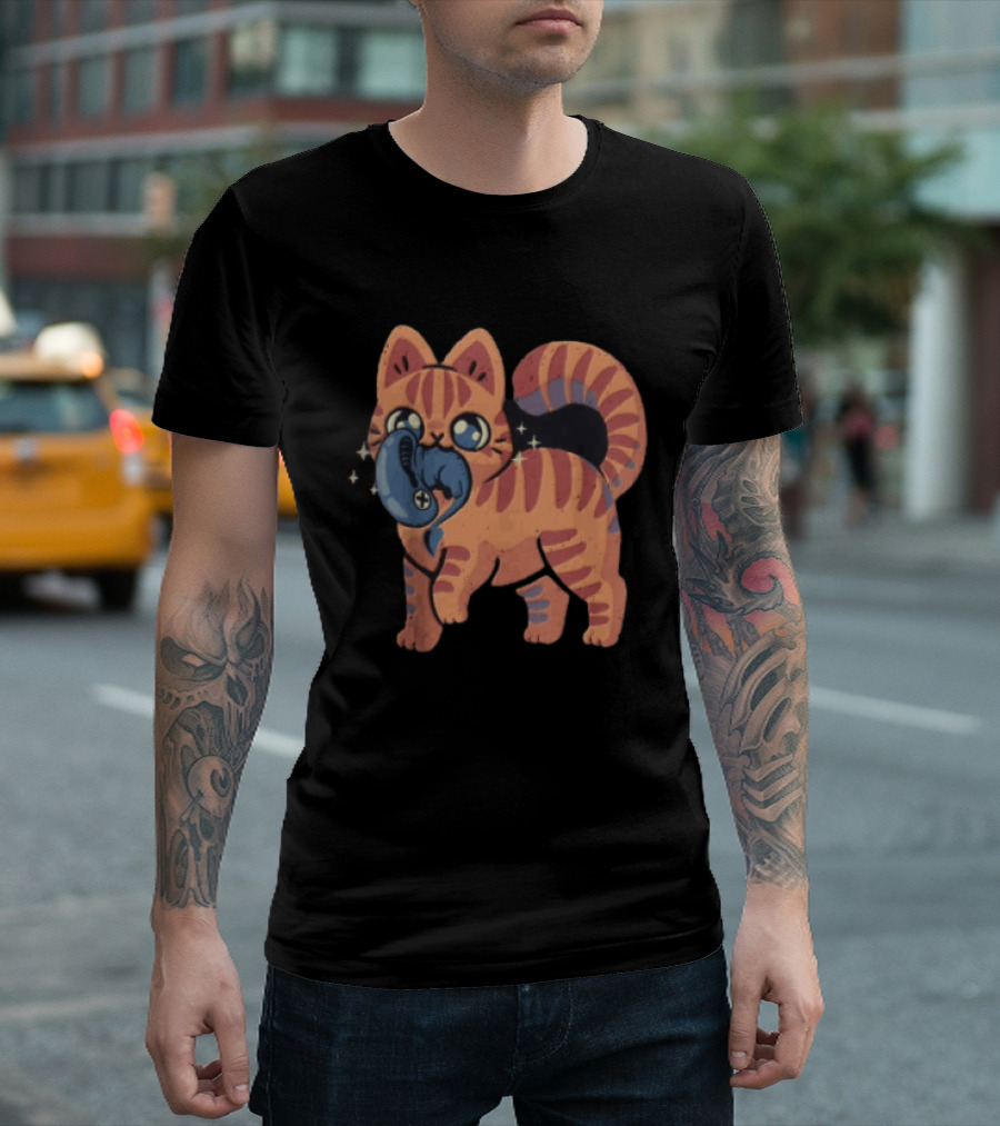 Alien Cat Meets Cartoon Striped Cosmic Creature T-Shirt