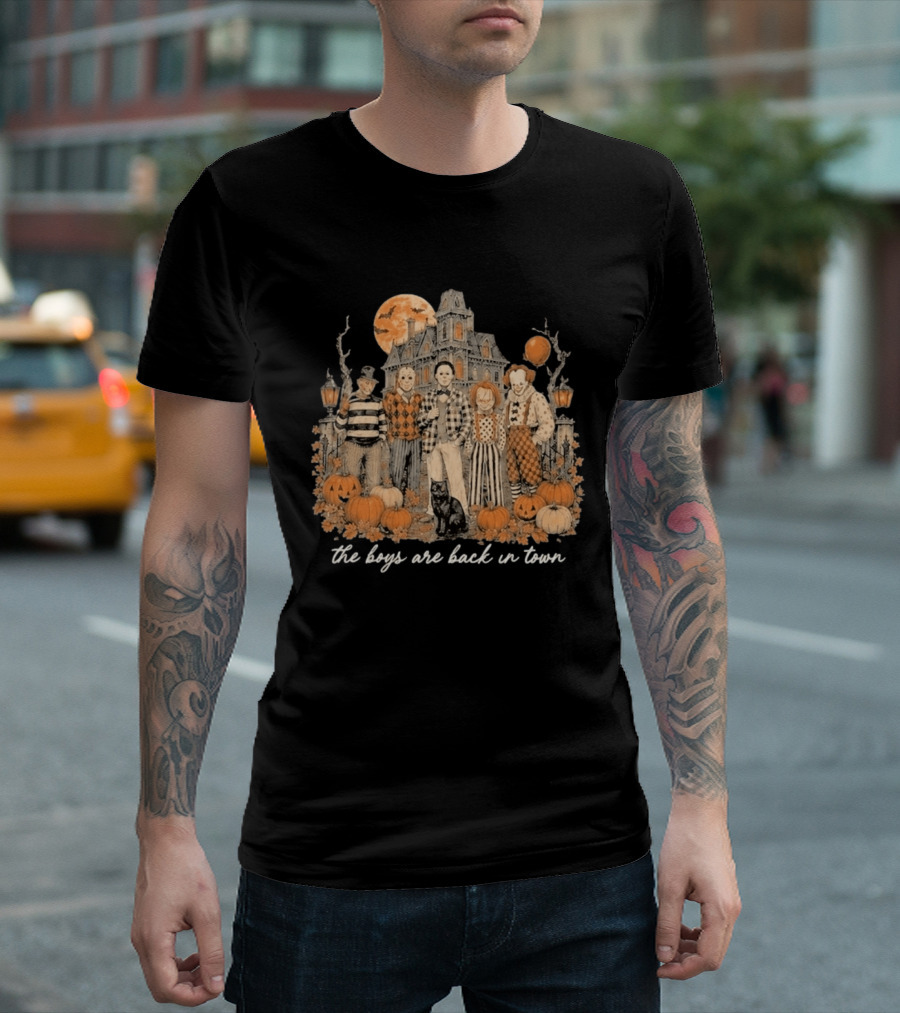 Halloween Horror Characters The Boys Are Back In Town Haunted House Pumpkin Patch T-Shirt