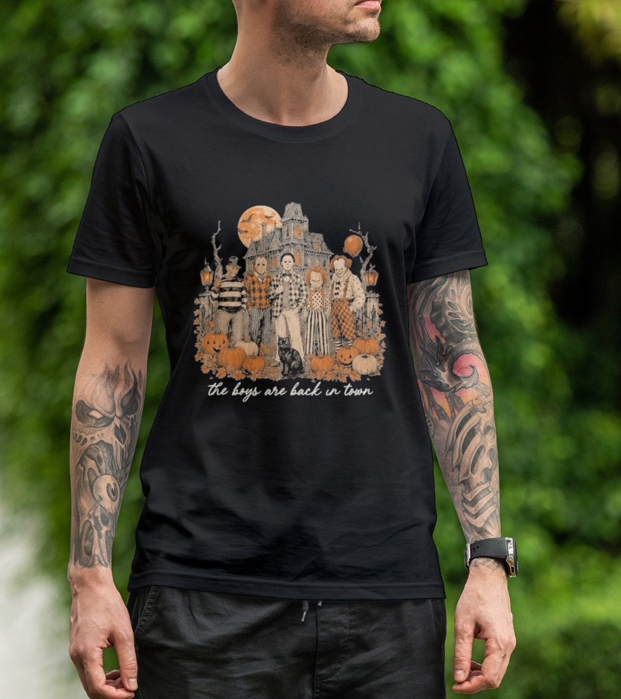 Halloween Horror Characters The Boys Are Back In Town Haunted House Pumpkin Patch T-Shirt