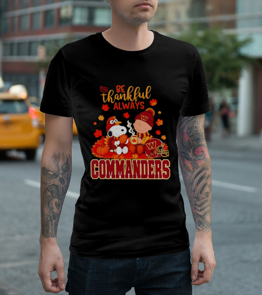 Be Thankful Always Snoopy And Charlie Brown With Commanders Autumn Leaves T-Shirt