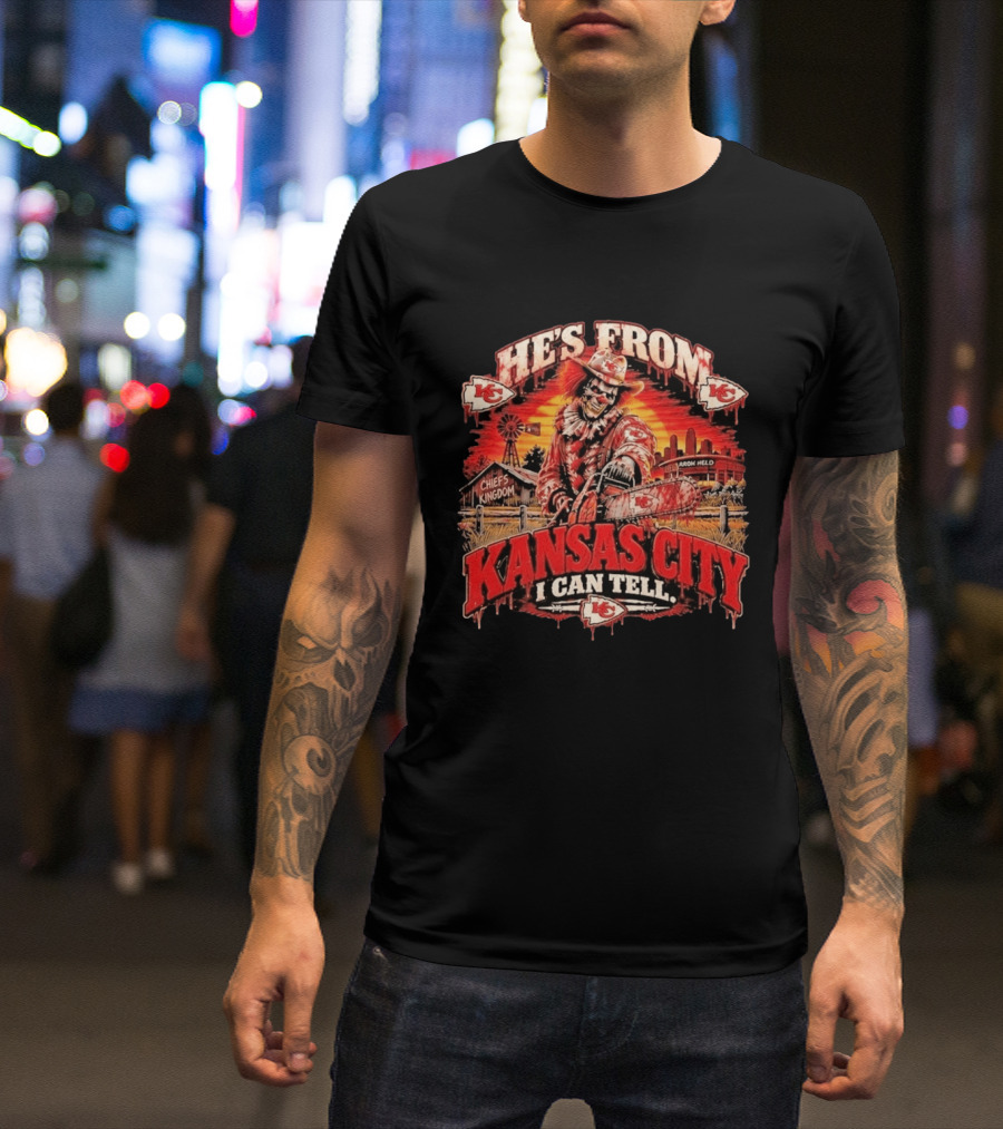 Kansas City Chiefs He's From Kansas City I Can Tell Horror Kingdom NFL Chiefs Logo Scary Chainsaw T-Shirt