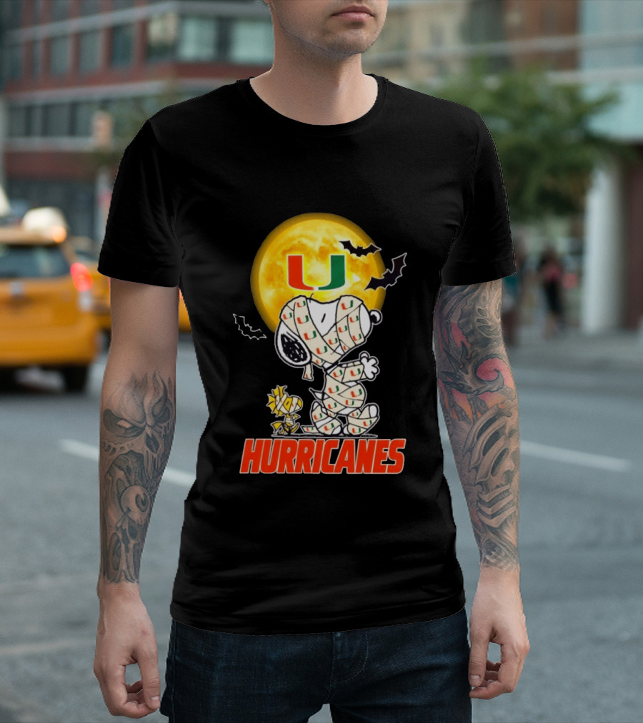 Miami Hurricanes Snoopy Woodstock Mummy Halloween Moon Bats T-Shirt