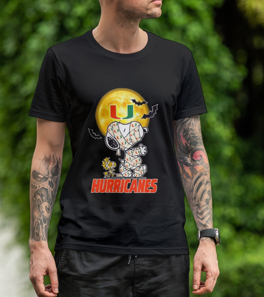 Miami Hurricanes Snoopy Woodstock Mummy Halloween Moon Bats T-Shirt