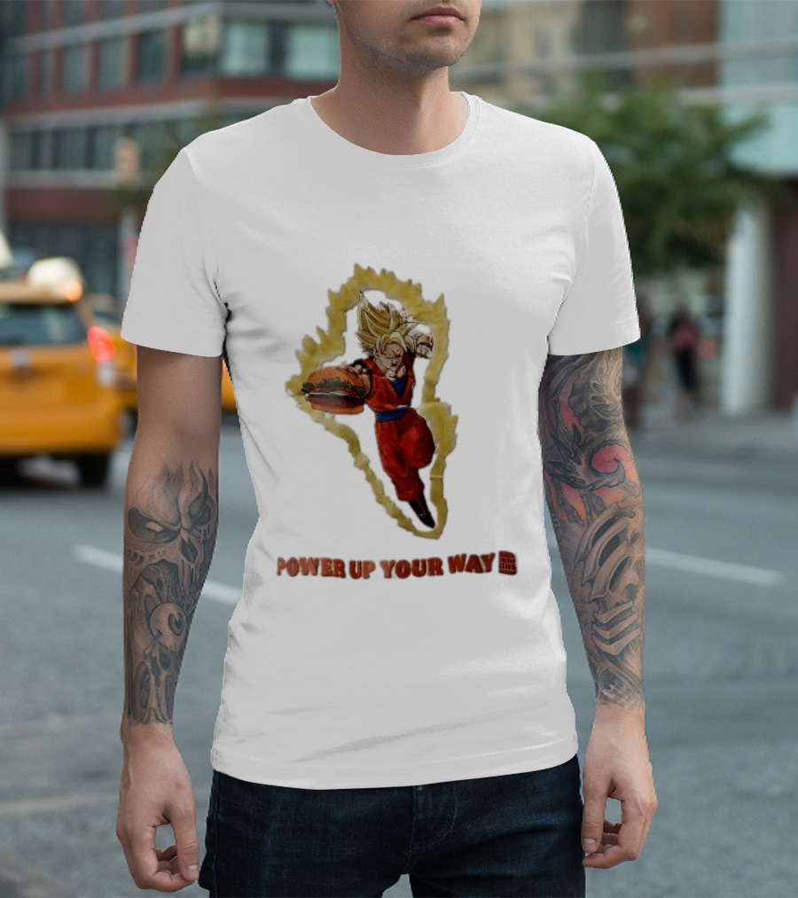 Burger King Power Up Your Way Super Saiyan Goku Holding Cheeseburger Aura T-Shirt