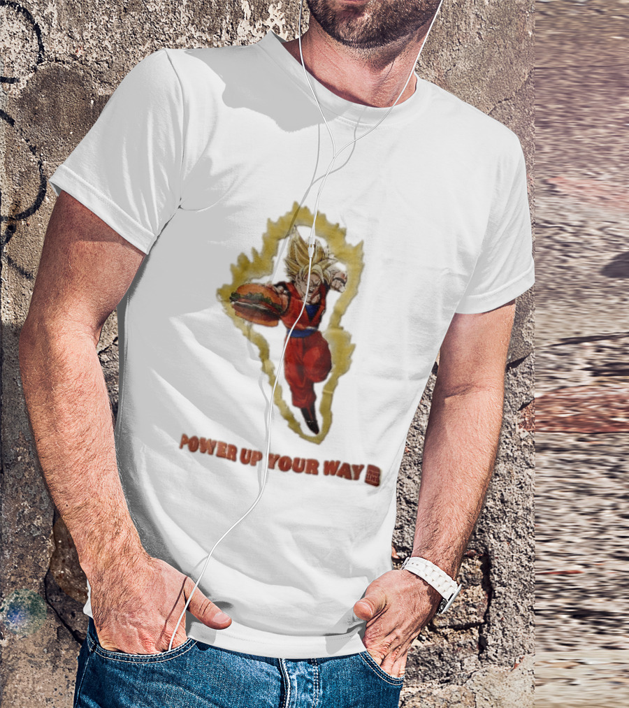 Burger King Power Up Your Way Super Saiyan Goku Holding Cheeseburger Aura T-Shirt