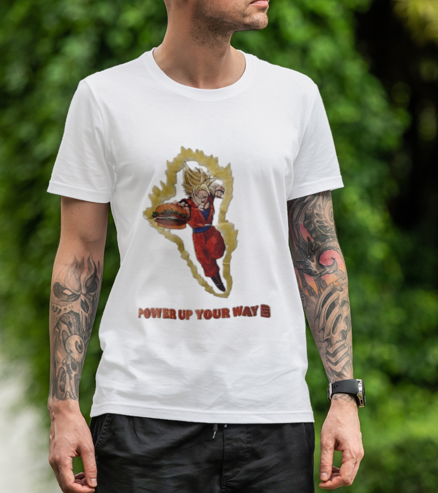 Burger King Power Up Your Way Super Saiyan Goku Holding Cheeseburger Aura T-Shirt