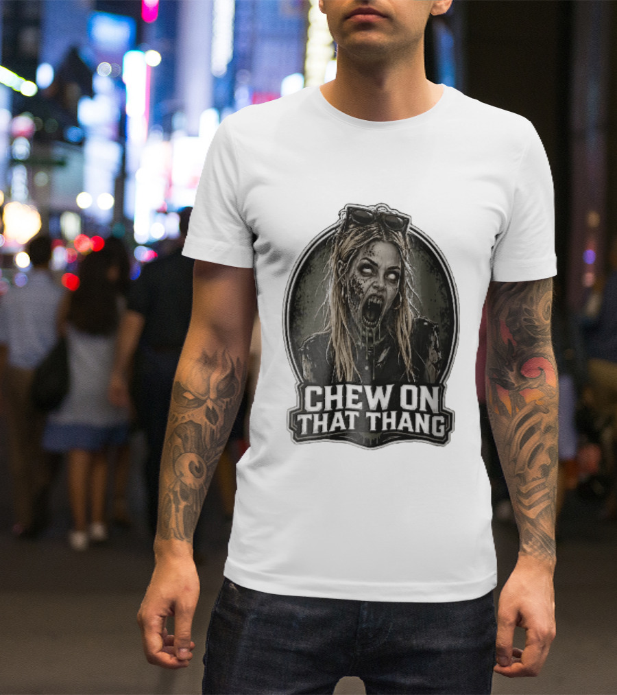 Chew On That Thang Zombie Blonde Woman Open Mouth Green Slime Sunglasses T-Shirt