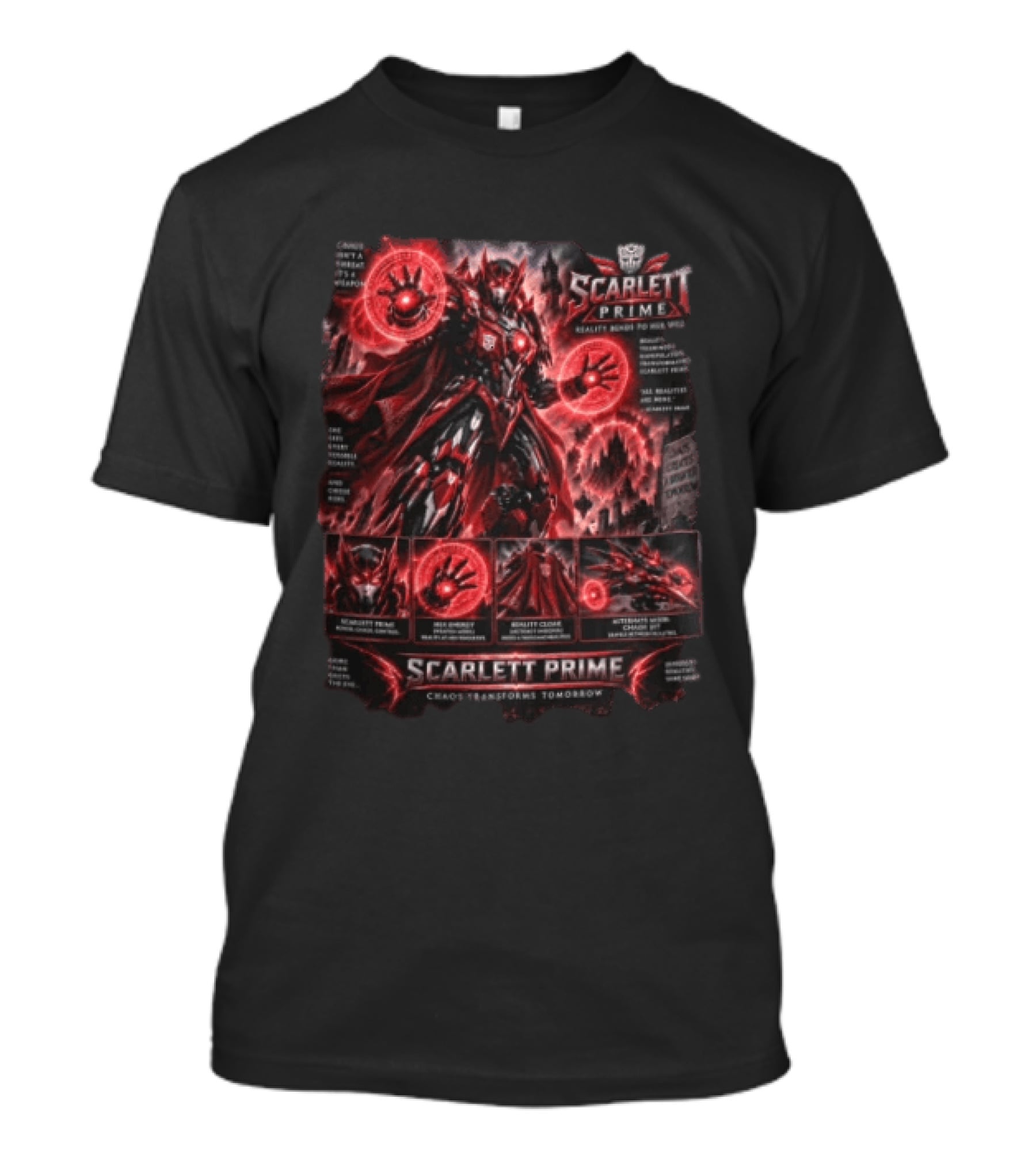 Scarlett Prime Reality Bends Red Mecha Chaos Transforms Tomorrow Jet Hex Magic T-Shirt
