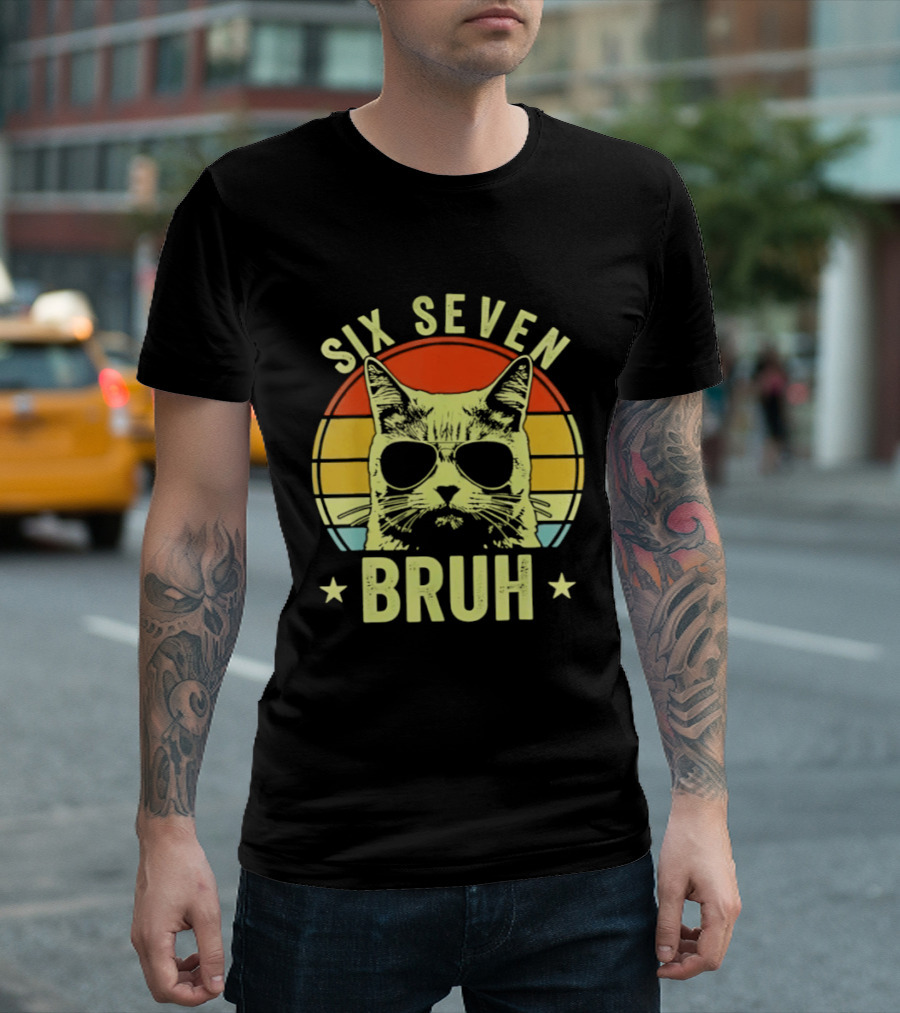 Six Seven Bruh Retro Cat Sunset T-Shirt