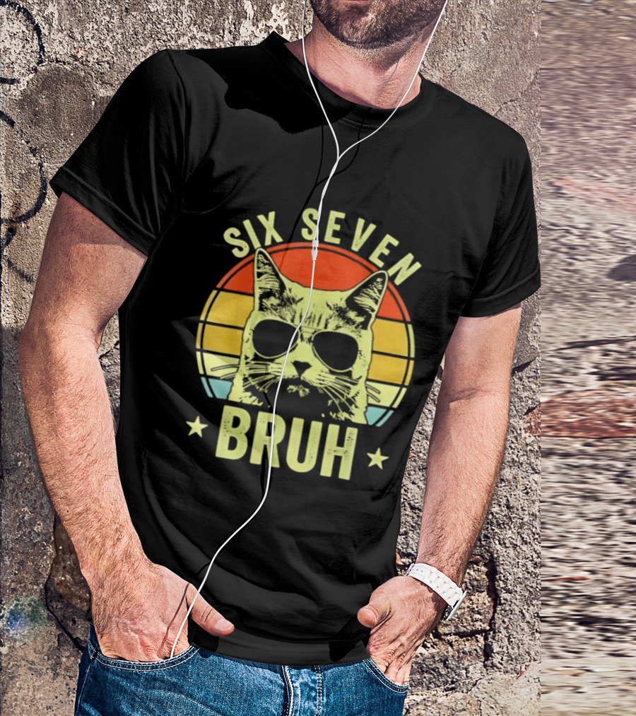 Six Seven Bruh Retro Cat Sunset T-Shirt