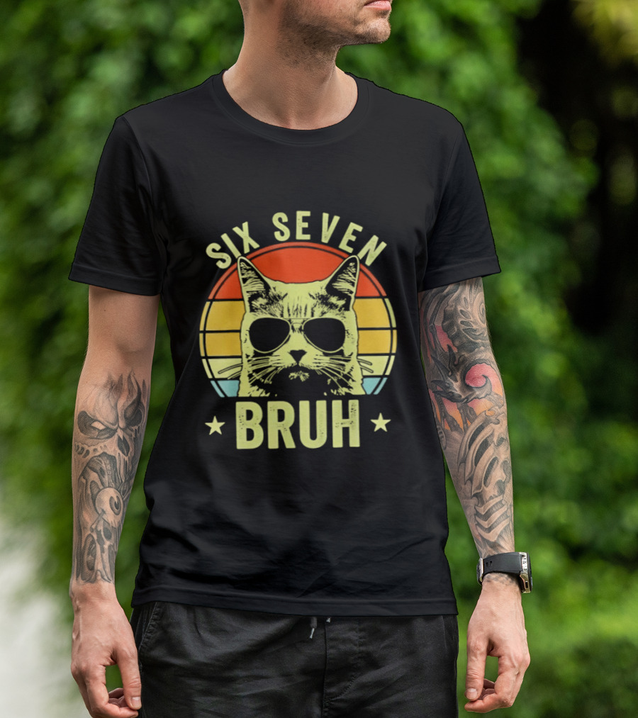 Six Seven Bruh Retro Cat Sunset T-Shirt