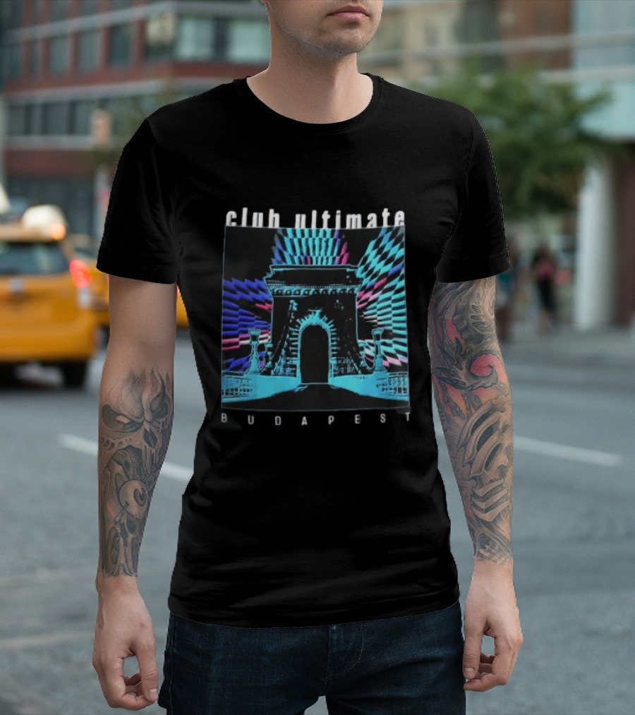 Club Ultimate Budapest Szechenyi Chain Bridge Neon Checkerboard Arch T-Shirt