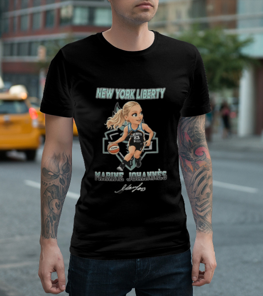 New York Liberty Marine Johannes Cartoon Caricature Dribbling Basketball T-Shirt
