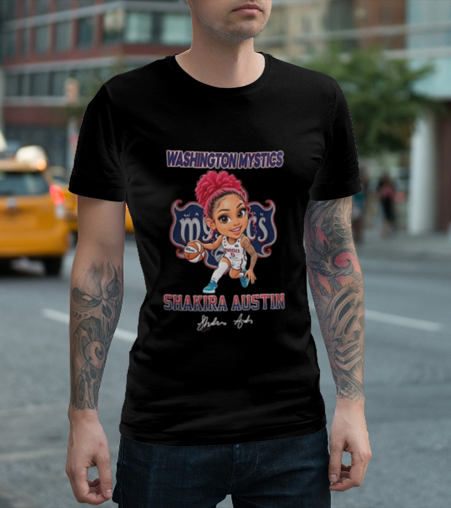 Shakira Austin Washington Mystics Pink Hair Cartoon Caricature Dribbling Basketball T-Shirt