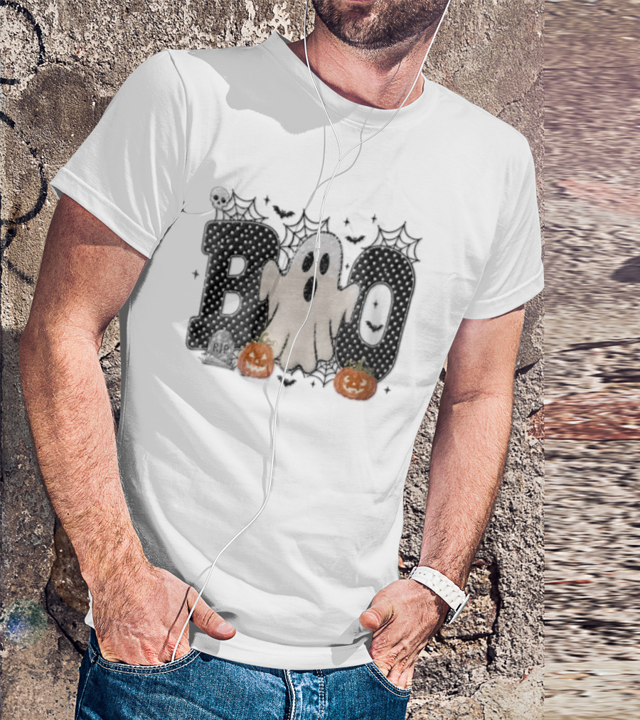 Boo Distressed Ghost Jack O Lanterns Polka Dots Cobwebs T-Shirt