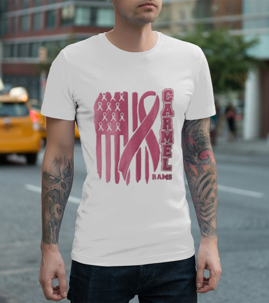 Carmel Rams Pink Ribbon American Flag Breast Cancer Awareness T-Shirt