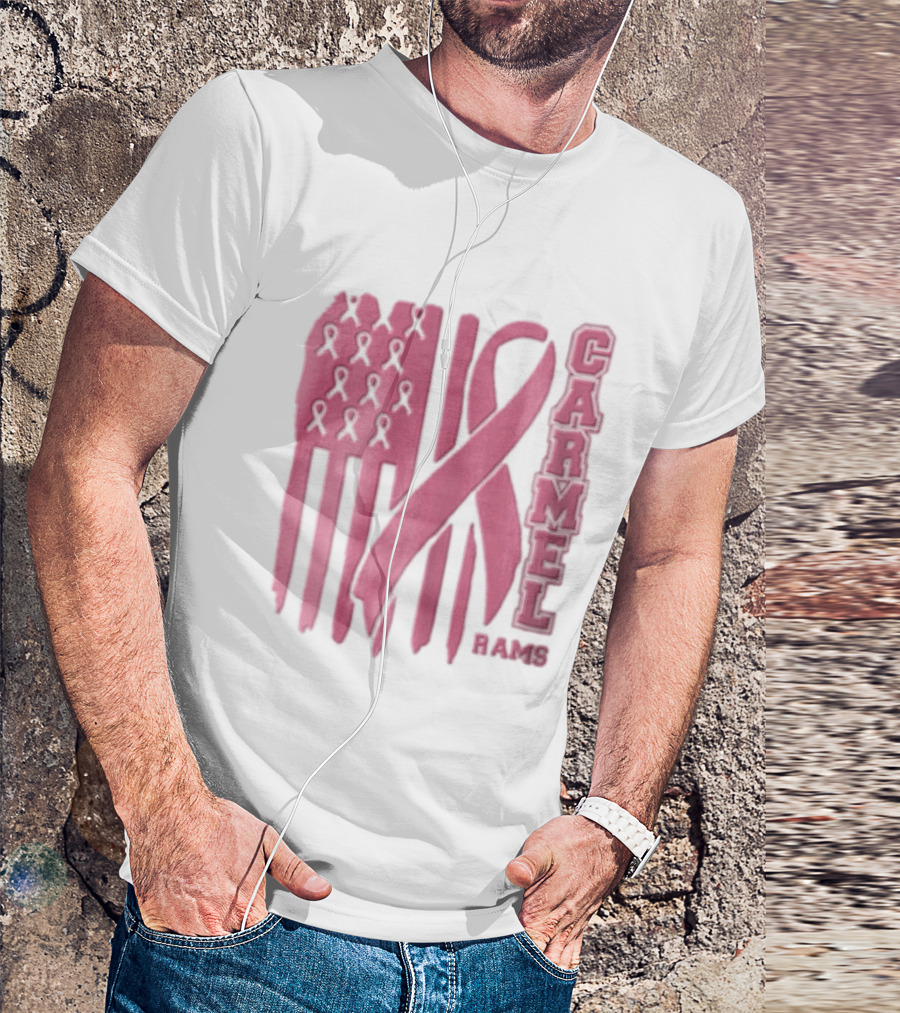 Carmel Rams Pink Ribbon American Flag Breast Cancer Awareness T-Shirt