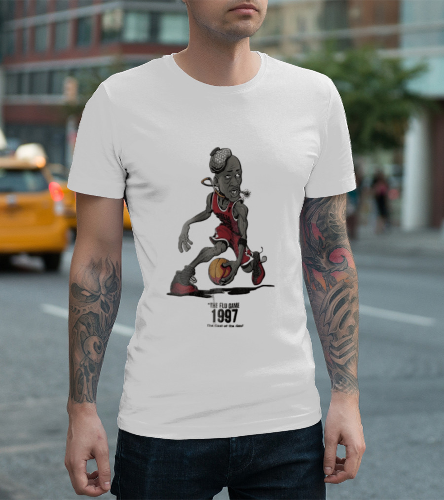 Chicago Bulls The Flu Game 1997 Illest Of Sick Jordan Caricature Dribbling Basketball T-Shirt