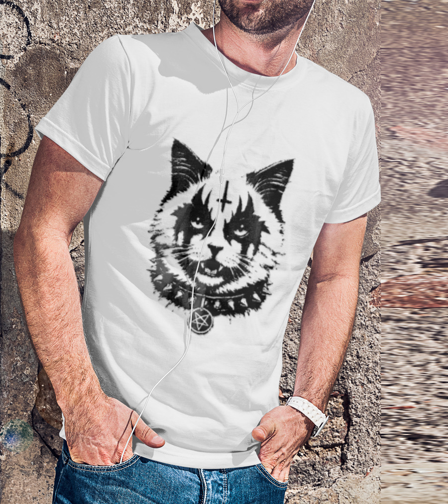 Corpsepaint Inverted Pentagram Monochromatic Cat With Collar T-Shirt