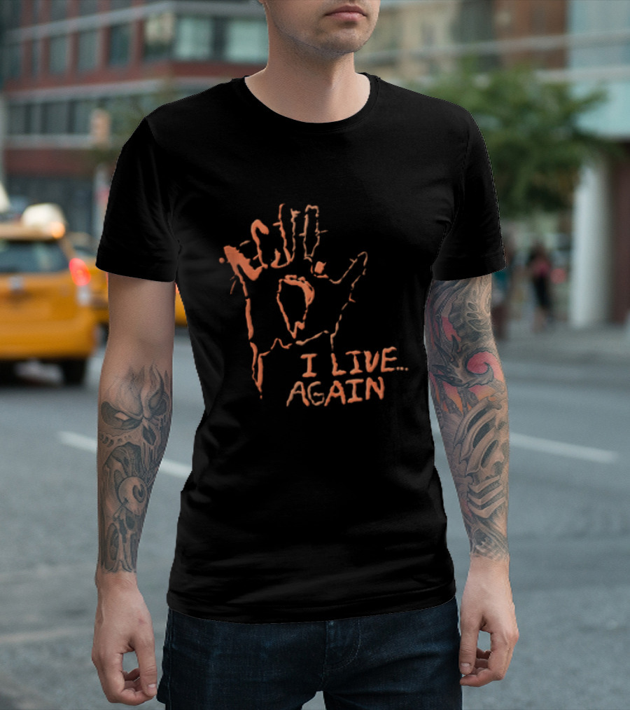 I Live Again Red Spiky Handprint Burning Hole In Palm Distressed Halloween T-Shirt