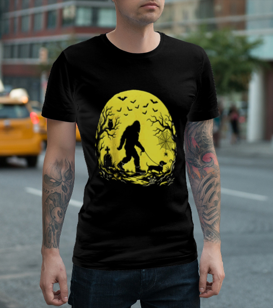 Bigfoot Walking Dachshund Under Full Moon Halloween Night T-Shirt