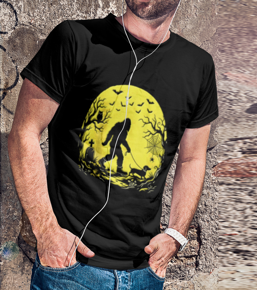 Bigfoot Walking Dachshund Under Full Moon Halloween Night T-Shirt