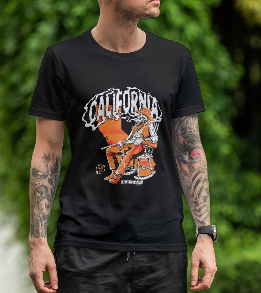 California Skeleton Cowboy Southern Hospitality Tour Aug 20 Rocking Chair Rifle Map T-Shirt