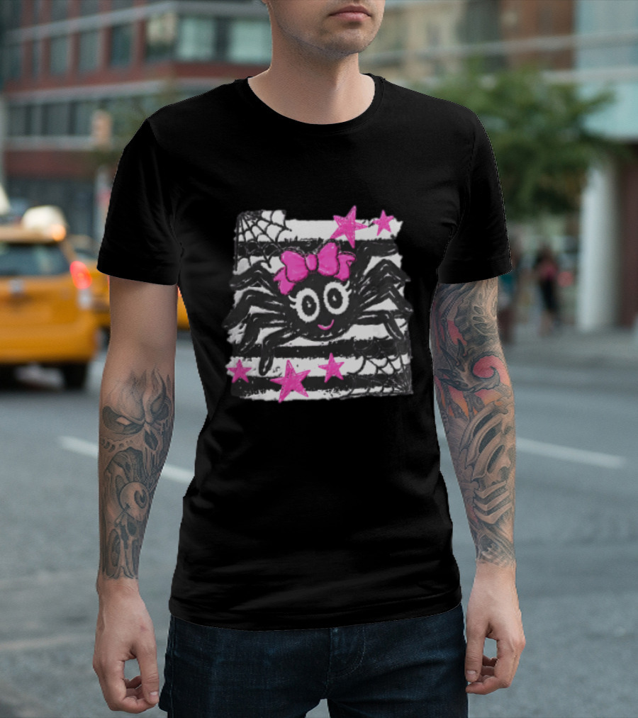 Cartoon Black Spider Big Eyes Pink Bow Stripes Webs Stars T-Shirt