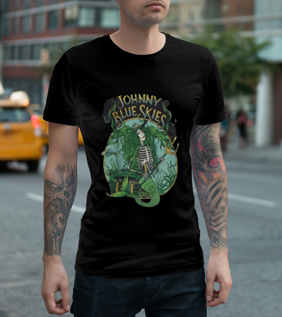 Johnny Blue Skies Skeleton Mermaid Adventure With Trident And Treasure T-Shirt
