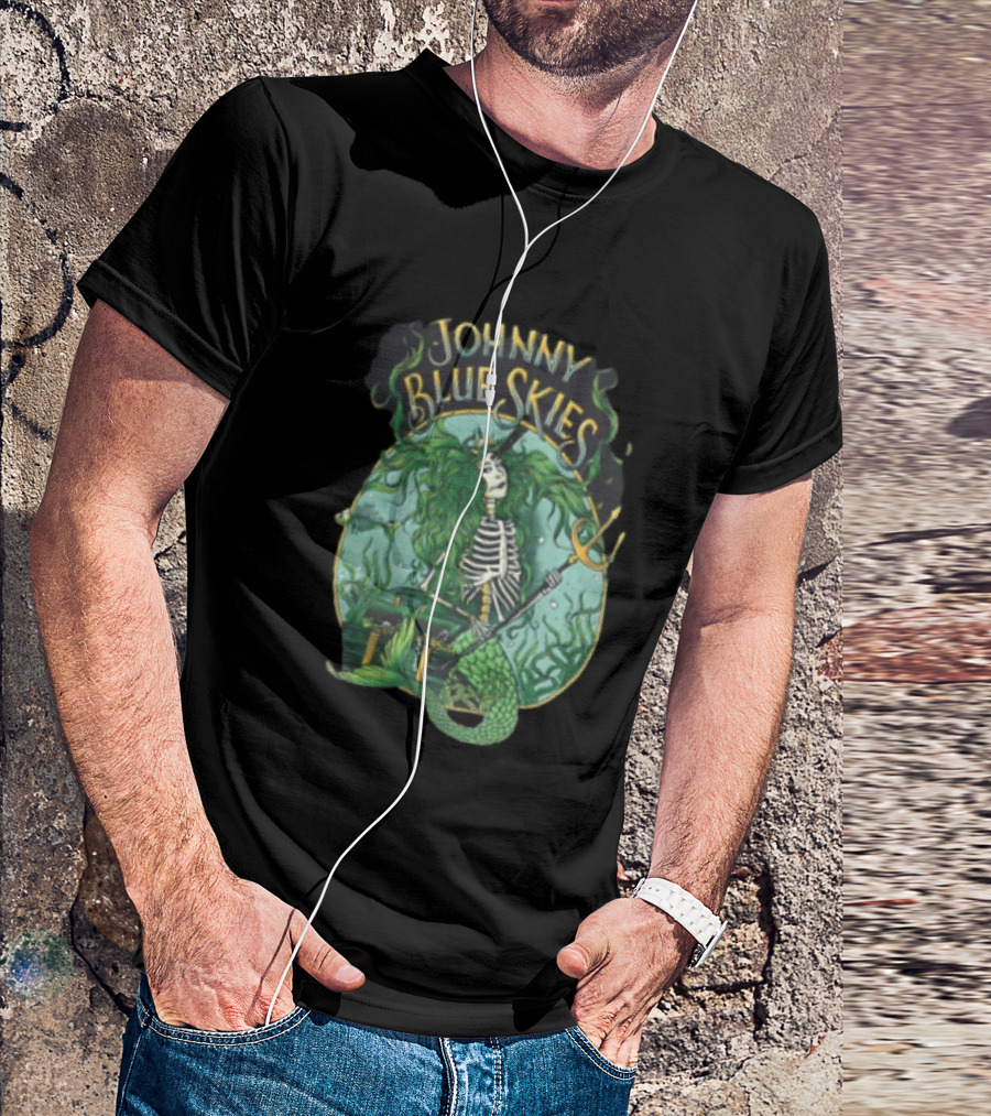 Johnny Blue Skies Skeleton Mermaid Adventure With Trident And Treasure T-Shirt