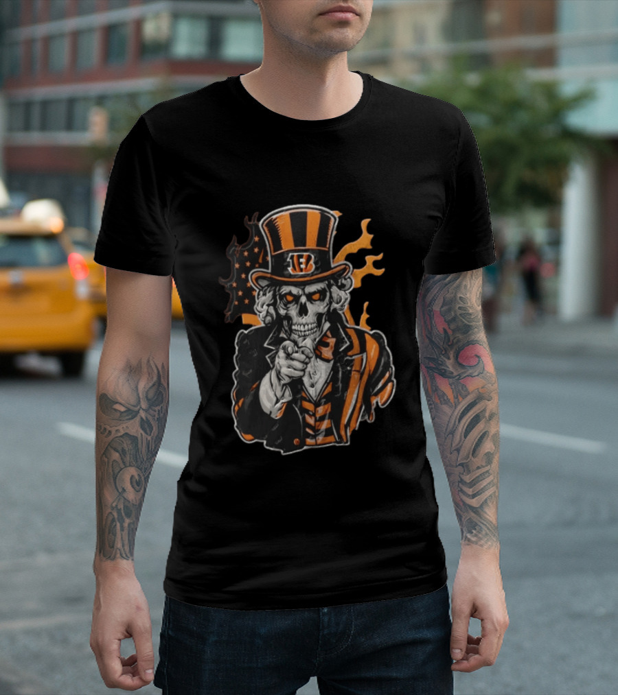 Cincinnati Bengals Skeleton Uncle Sam Pointing Tiger Head Iconic Style Fan Favorite T-Shirt