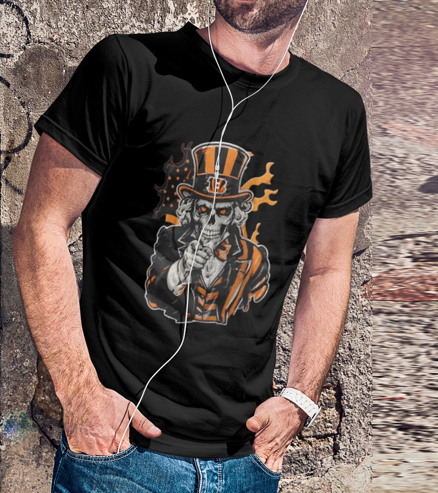 Cincinnati Bengals Skeleton Uncle Sam Pointing Tiger Head Iconic Style Fan Favorite T-Shirt